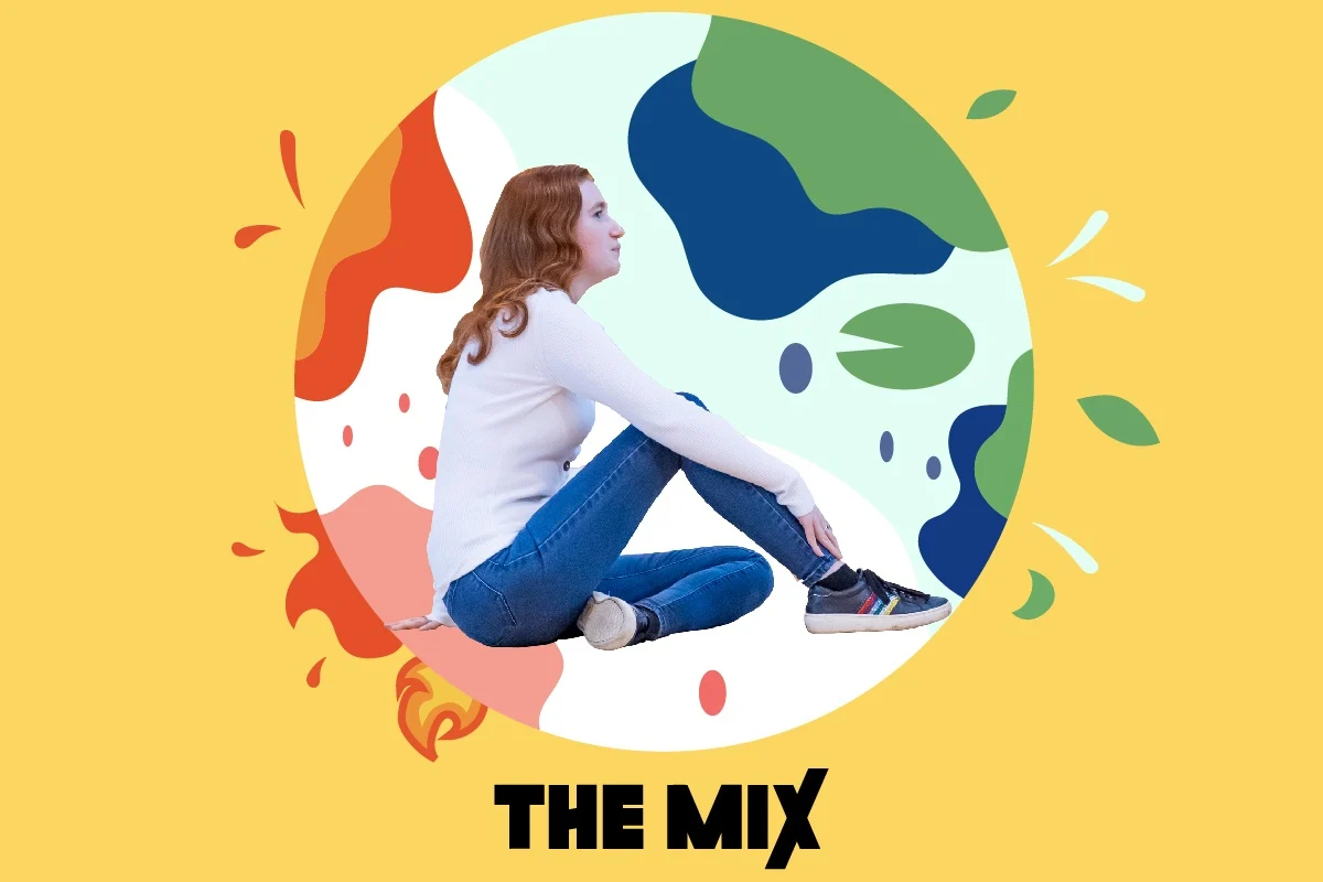A young person sits in the centre of an illustration of Planet Earth